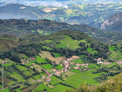 Aerial view of La Cotina village, Morcin municipality, Asturias, Spain photo