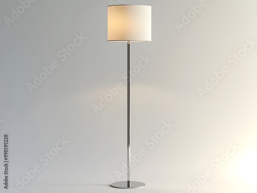 Minimalist Chrome Floor Lamp with Cylindrical Shade on Pristine White Backdrop