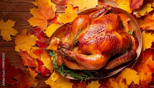 roasted thanksgiving day turkey. autumn leaves color background photo