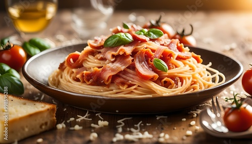 Spaghetti alla Amatriciana with pancetta bacon, tomatoes and pecorino cheese
 photo