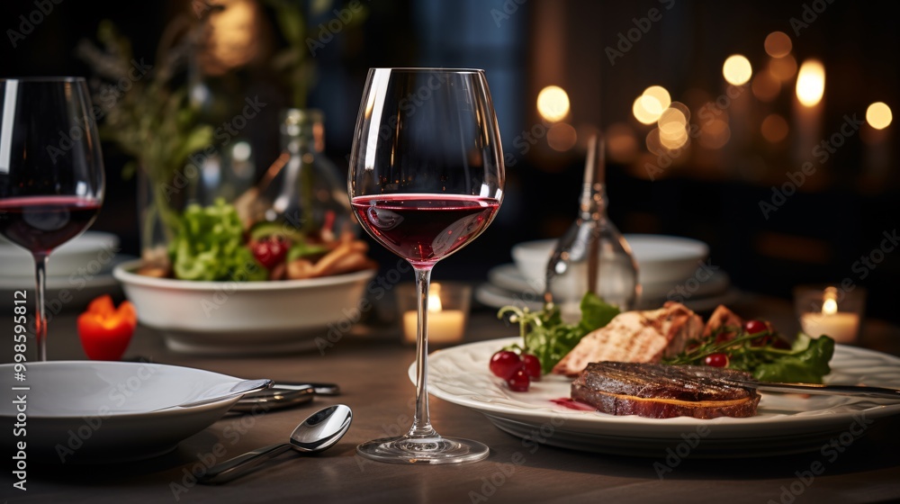A wine glass with red wine and an elegant dining setup A wine glass with red wine and an elegant dining setup