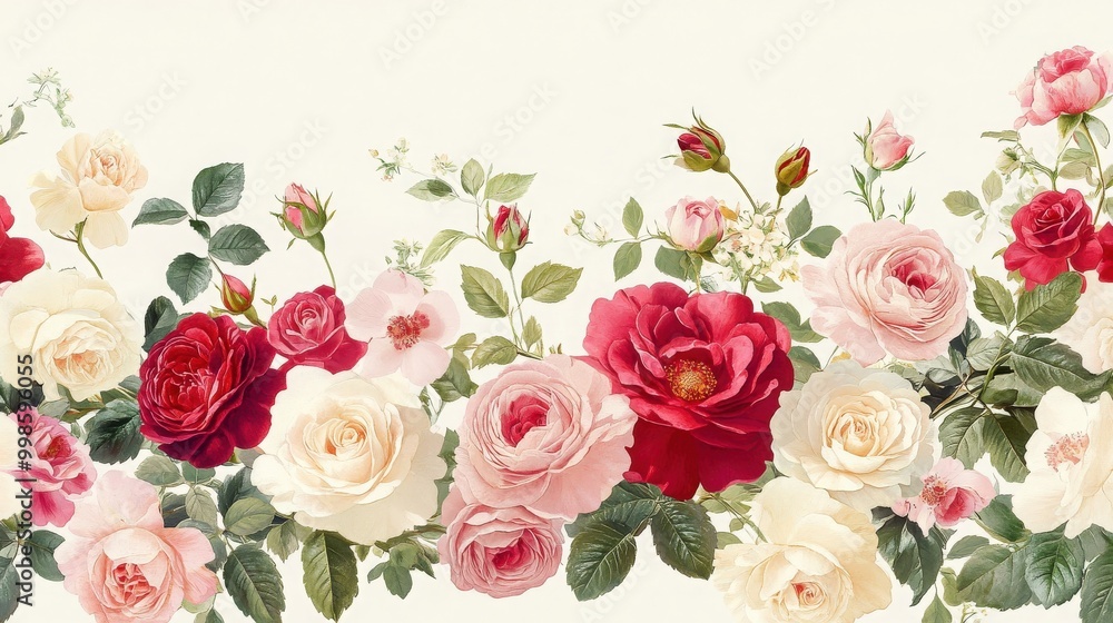 Charming floral border featuring a mix of pink, red, and white roses. The detailed flower patterns offer a romantic and elegant background Charming floral border featuring a mix of pink, red, and white roses. The detailed flower patterns offer a romantic and elegant background