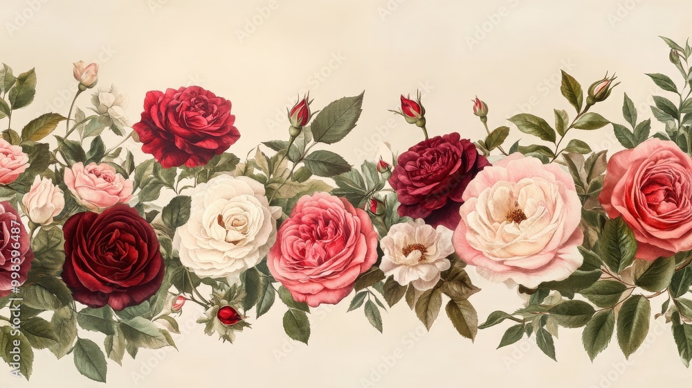 Charming floral border with pink, red, and white roses. The vibrant and detailed flower patterns create an elegant and timeless background Charming floral border with pink, red, and white roses. The vibrant and detailed flower patterns create an elegant and timeless background