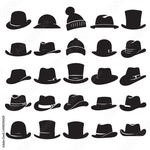 Set of hats in various styles in black vector art of illustration white background