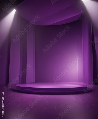 A dimly lit stage with a circular platform, set against a purple backdrop, with spotlights illuminating the scene