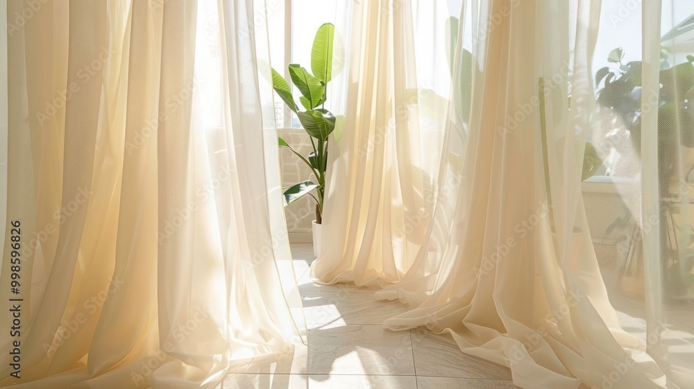 Sheer curtains billowing in the sunlight with a plant in the background. Sheer curtains billowing in the sunlight with a plant in the background.