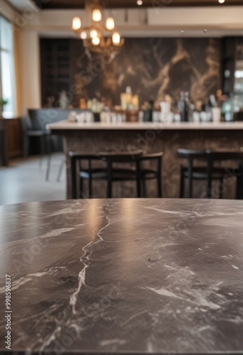 a close-up marble bar counter with a blurred background bar setting, featuring a chandelier and bar stools