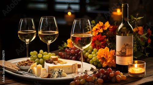 A wine glass with white wine and a festive table