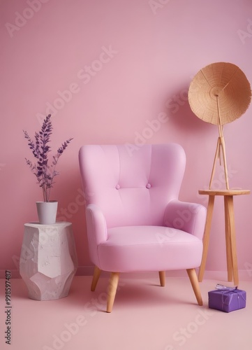 A pink armchair sits in a minimalist living room, accompanied by a white stool, a potted lavender plant, and a wooden floor lamp with a bamboo shade