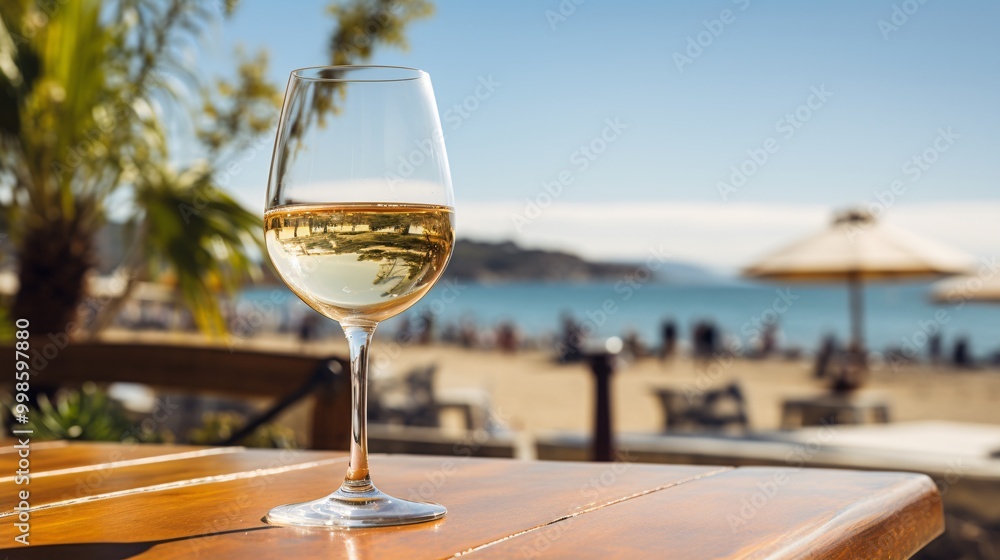 Obraz premium A wine glass with white wine and a seaside setting