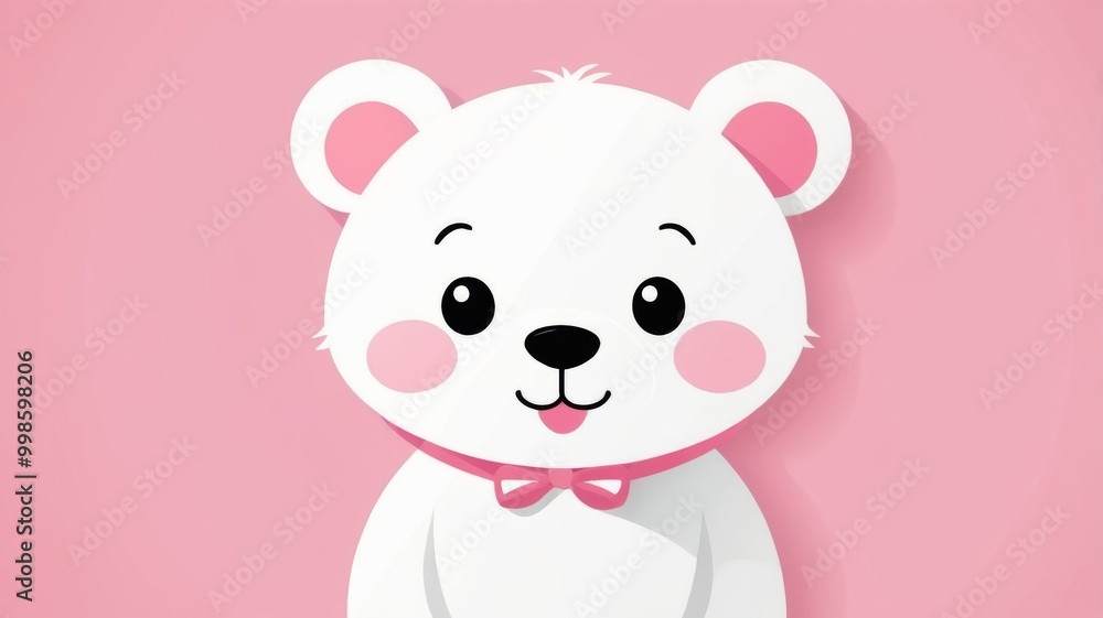 A white bear wearing a pink bow tie stands out against a soft pink background. A white bear wearing a pink bow tie stands out against a soft pink background.