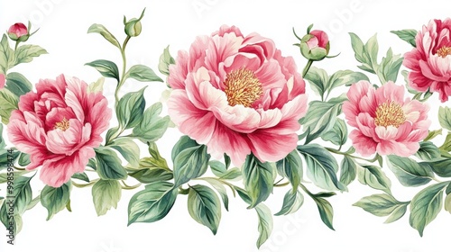 Charming peony border with realistic petals and vibrant greenery. The intricate floral design adds a touch of elegance and romance to any backdrop