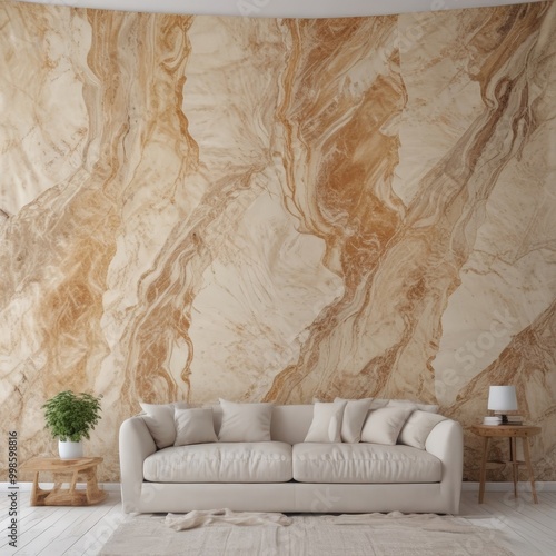 A modern living room with a white sofa, wooden side table, and a potted plant, set against a large marble wall with a swirling pattern in warm tones