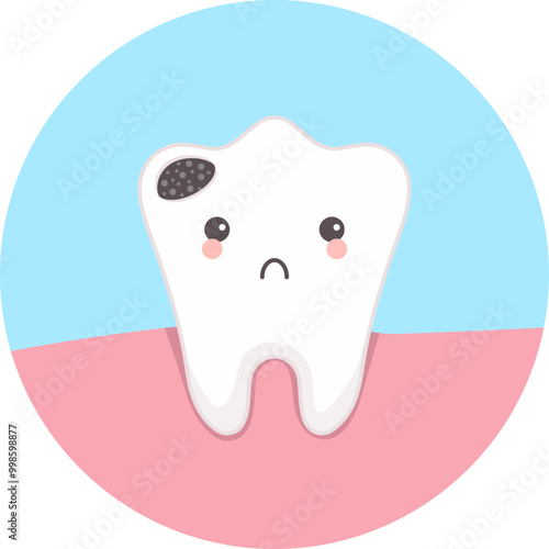 Cute tooth with a hole from caries. Vector illustration.