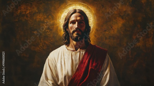 A serene depiction of a compassionate figure with a radiant halo in a timeless, spiritual setting. Generative AI