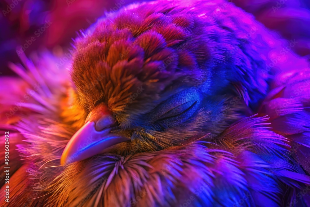Fototapeta premium Close-up of a vibrant bird with fluffy feathers in neon light.