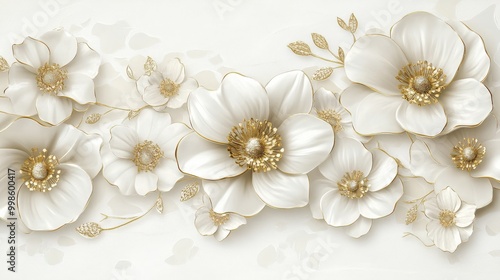 Charming white and gold floral border with intricate jewelry detailing. The elegant flower motifs are enhanced with subtle gold accents for a refined look