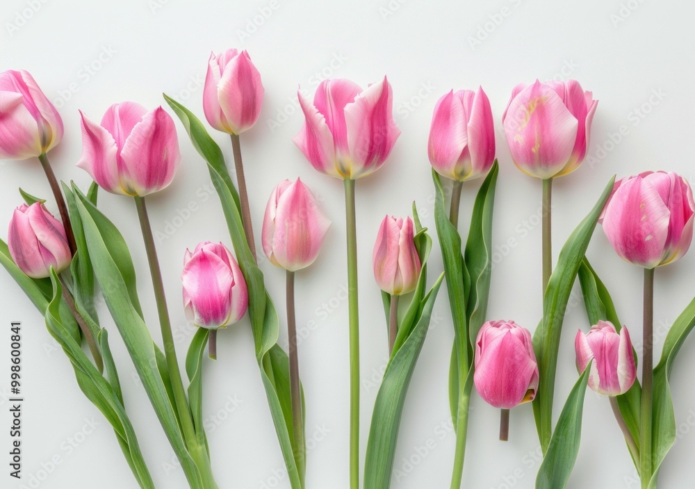 Pink tulips arranged in a line with varying heights against a soft white background Fresh and vibrant flowers showcasing their beauty Pink tulips arranged in a line with varying heights against a soft white background Fresh and vibrant flowers showcasing their beauty