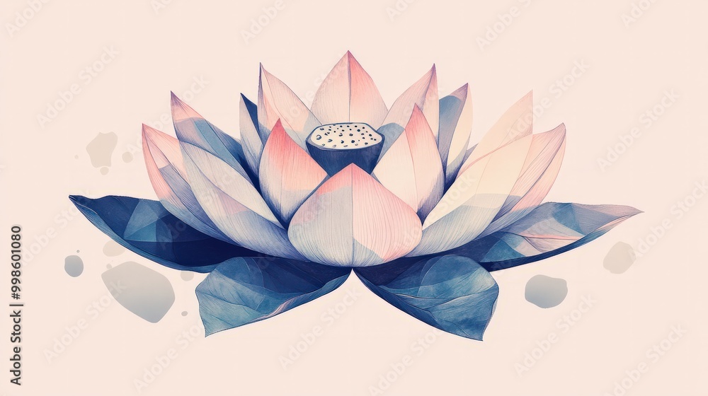 A geometric lotus flower illustration, with sharp, angular petals drawn in pastel colors, combining traditional floral symbolism with modern design elements A geometric lotus flower illustration, with sharp, angular petals drawn in pastel colors, combining traditional floral symbolism with modern design elements