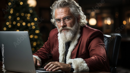 A modern-day Santa Claus works at his laptop on Christmas night. 
