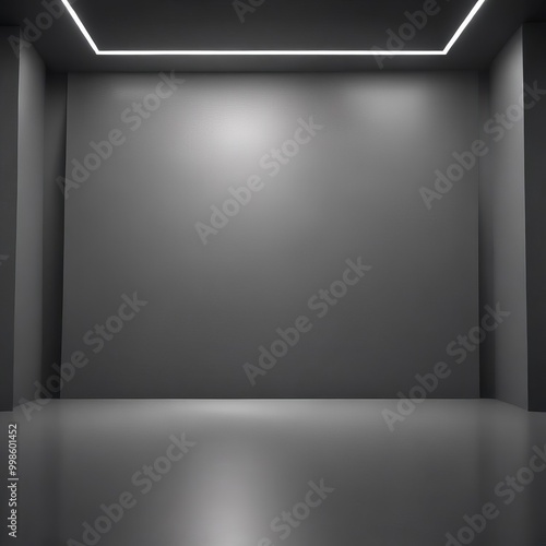 A minimalist, monochromatic room with a clean, uncluttered design, featuring a large, empty wall and a reflective floor