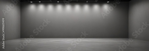 A black and white large, empty room with a concrete floor and a wall on the left side