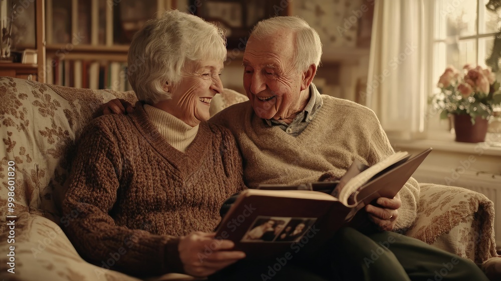 Joyful Moment of an Elderly Couple on a Cozy Couch Joyful Moment of an Elderly Couple on a Cozy Couch