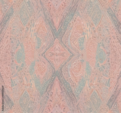 a repeating pattern of geometric shapes in shades of pink, blue, and green, creating a visually striking and symmetrical design