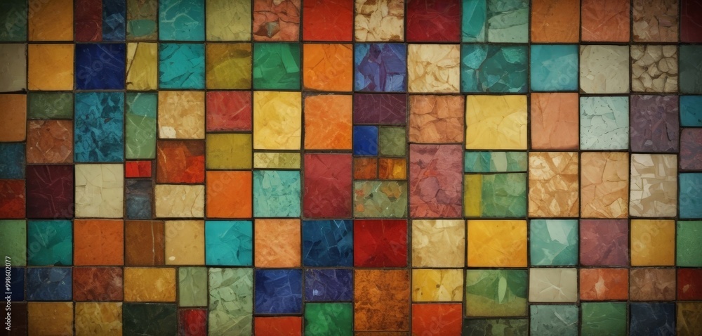 A vibrant mosaic of multicolored square tiles, arranged in a grid-like pattern, creates a visually striking and textured background A vibrant mosaic of multicolored square tiles, arranged in a grid-like pattern, creates a visually striking and textured background