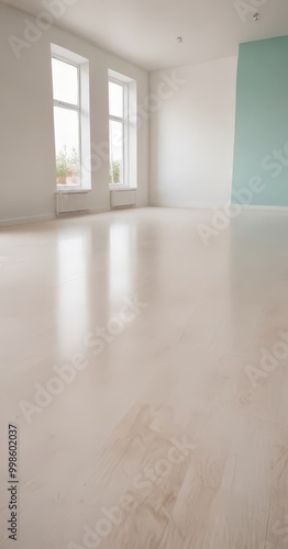 A bright, empty room with white walls, a light-colored wooden floor, and two windows on the left wall