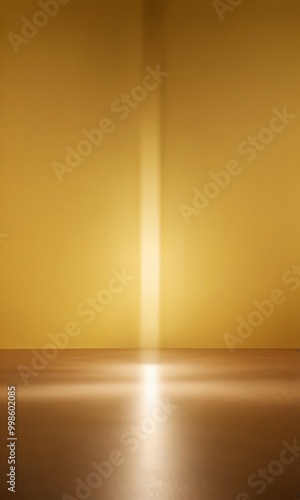 A bright, vertical light beam shines down on a wooden floor, casting a warm glow and creating a sense of depth and perspective