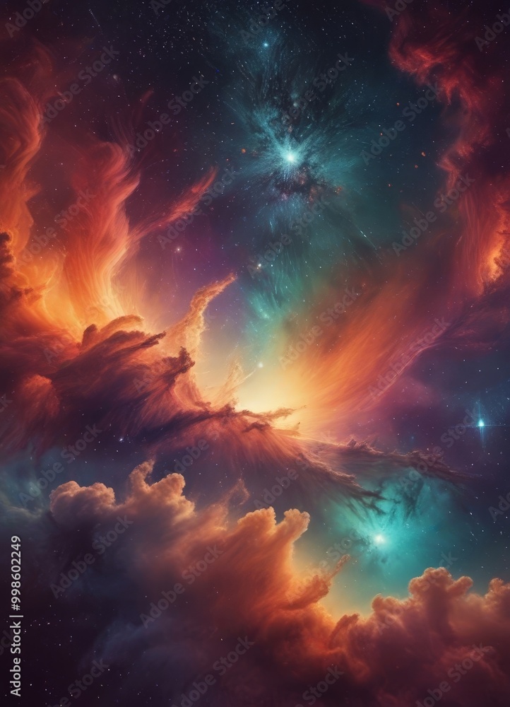 Obraz premium a vibrant cosmic scene with swirling clouds of color and light, including orange, blue, and green hues, set against a backdrop of stars and a bright, glowing center