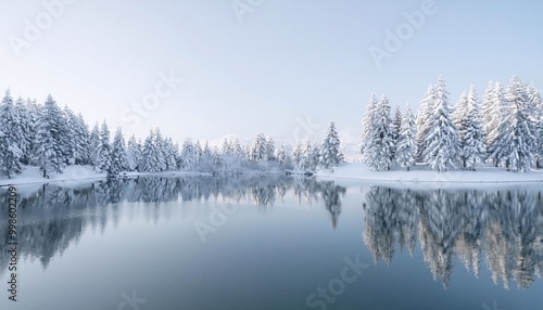 A Reflective Lake Surrounded by Snow-Covered Trees and Frosty Landscape Under a Clear Blue Sky