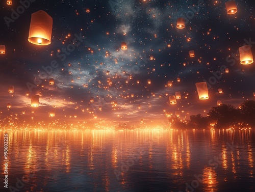 A Serene Night Sky Filled with Floating Lanterns Creating a Magical and Tranquil Atmosphere