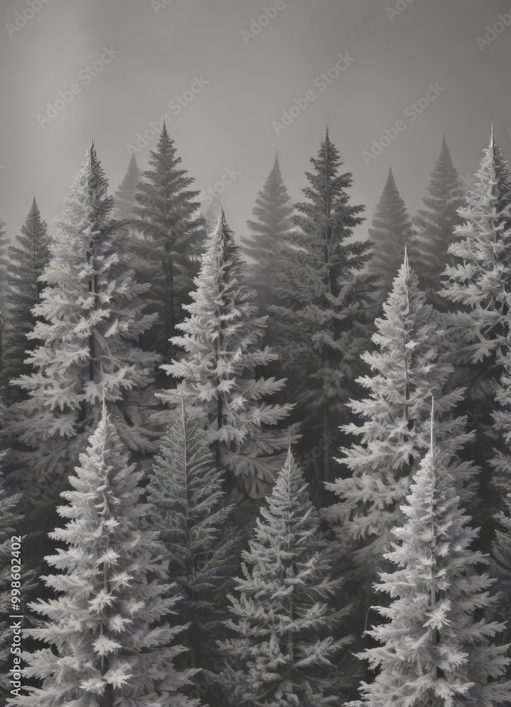 Obraz premium A monochrome dense forest of evergreen trees with snow-covered branches, captured in a black and white photograph