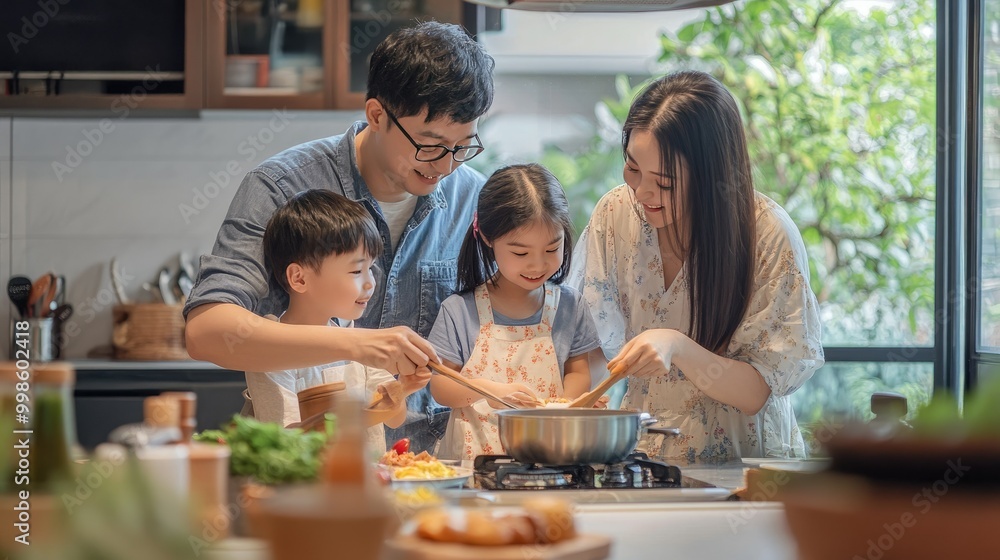 Family Cooking Together in Modern Kitchen Family Cooking Together in Modern Kitchen