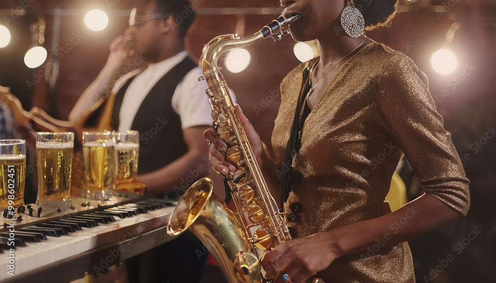 Obraz premium Unrecognizable Black jazz musician playing saxophone on stage at local bar with medium