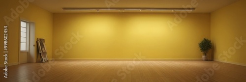 An empty room with yellow walls, a wooden floor, and a potted plant on the right side