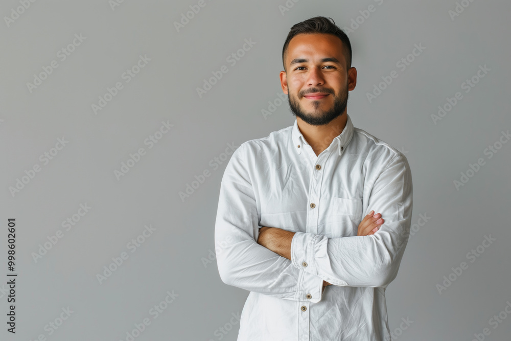 Portrait of a young man wearing a white shirt, crossing his arms, standing confidently on a gray background, a successful young man, a new generation of businessman Portrait of a young man wearing a white shirt, crossing his arms, standing confidently on a gray background, a successful young man, a new generation of businessman