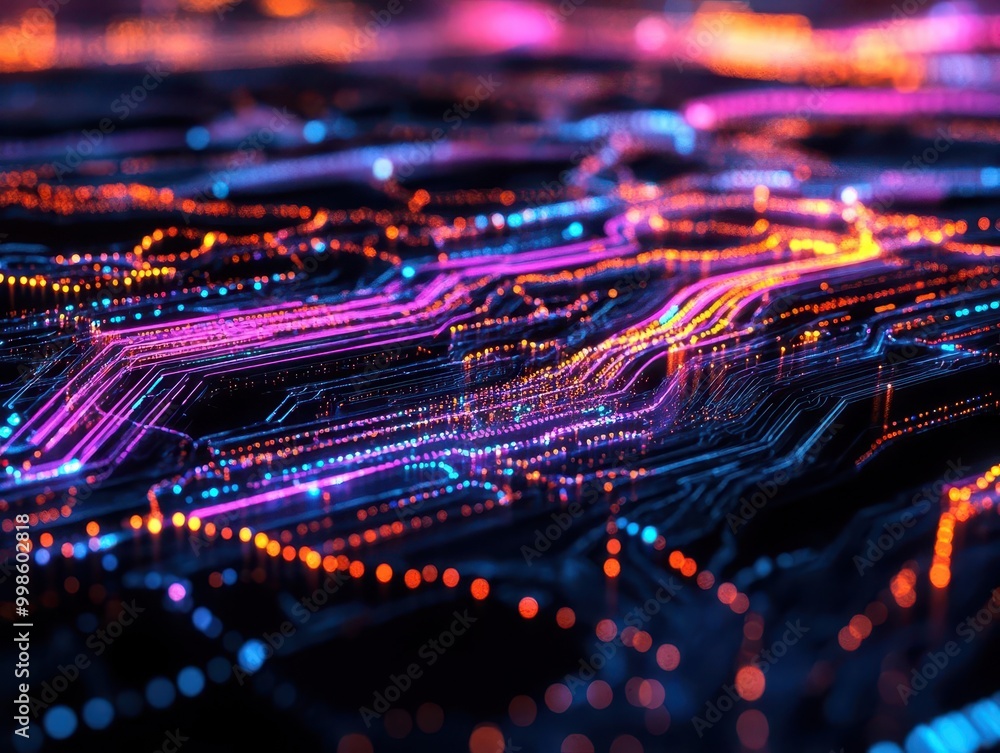 Fototapeta premium abstract digital landscape of flowing data streams neon circuitry patterns against dark backdrop futuristic information visualization