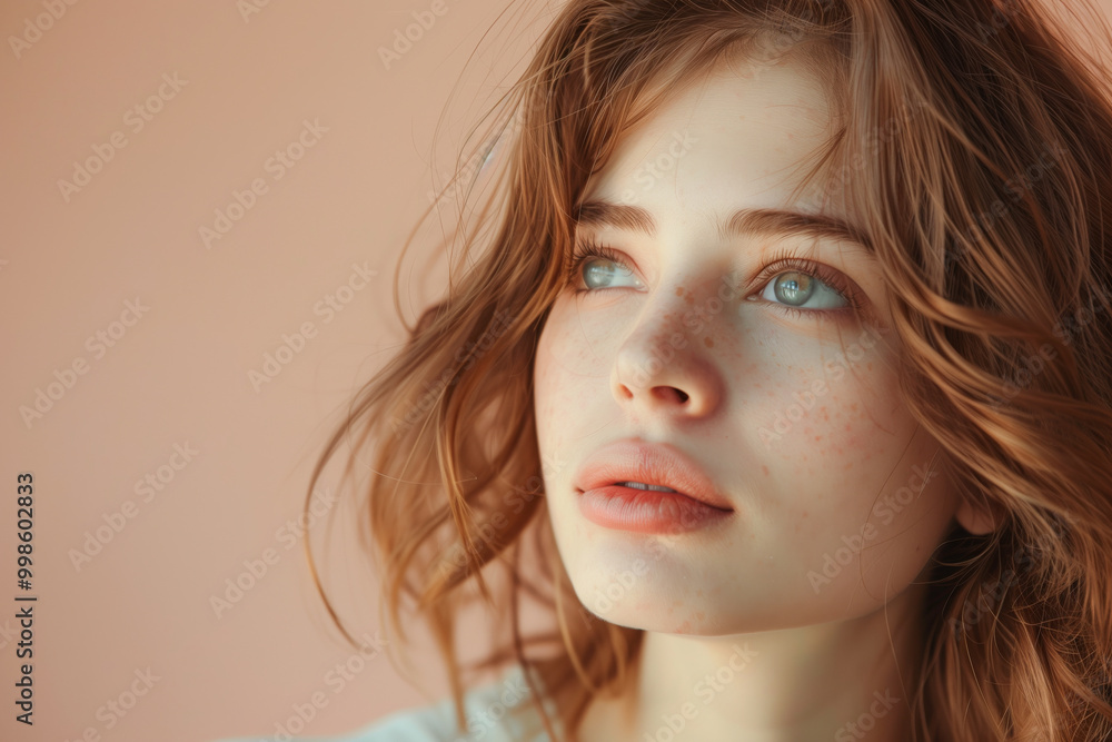 Closeup face and eyes of a young woman contemplating something, life, dream, hope, or think about the future Closeup face and eyes of a young woman contemplating something, life, dream, hope, or think about the future