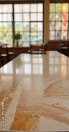 A close-up view marble table with a marbled pattern, set against a blurred background room with large windows and a colorful painting