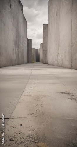 A long, narrow concrete corridor stretches out, flanked by towering gray walls on either side The floor is a uniform gray, with small cracks and stains, and the sky above
