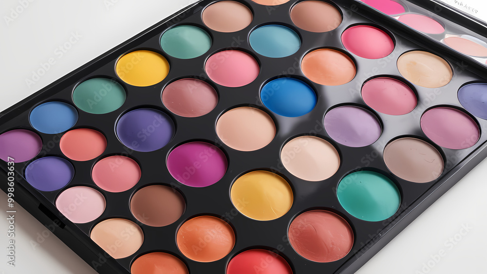 Artistic makeup palettes with a burst of vibrant colors, beautifully arranged in an aesthetically pleasing layout against a clean, pristine white background Artistic makeup palettes with a burst of vibrant colors, beautifully arranged in an aesthetically pleasing layout against a clean, pristine white background