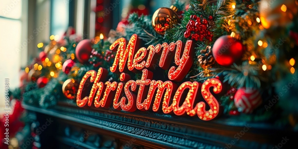 Naklejka premium Festive 'Merry Christmas' sign adorned with holiday decorations on a beautifully decorated fireplace mantle.