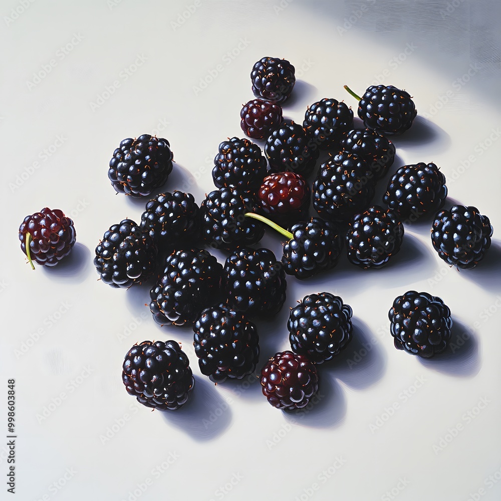 A handful of juicy blackberries scattered on a soft white surface, glistening with dew, evoking freshness and summer vibes. A handful of juicy blackberries scattered on a soft white surface, glistening with dew, evoking freshness and summer vibes.
