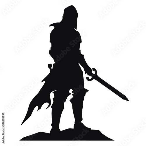 Monochromatic Silhouette of  warrior with a sword vector illustration