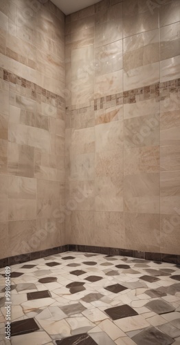 a corner bathroom with a tiled floor featuring a mosaic pattern of brown and white tiles The walls are covered in beige tiles, and the floor has a darker brown tile pattern