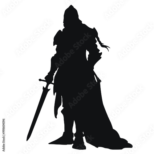 Monochromatic Silhouette of  warrior with a sword vector illustration