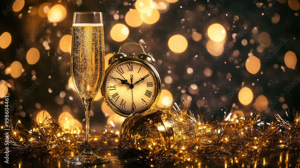 Celebrate the new year with sparkling champagne and a vintage clock set against a backdrop of shimmering festive lights Celebrate the new year with sparkling champagne and a vintage clock set against a backdrop of shimmering festive lights
